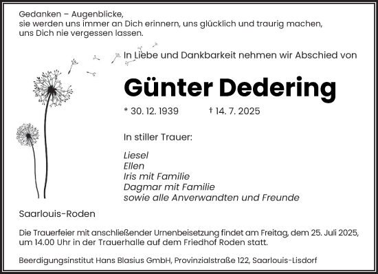 Traueranzeige von Günter Dedering von saarbruecker_zeitung