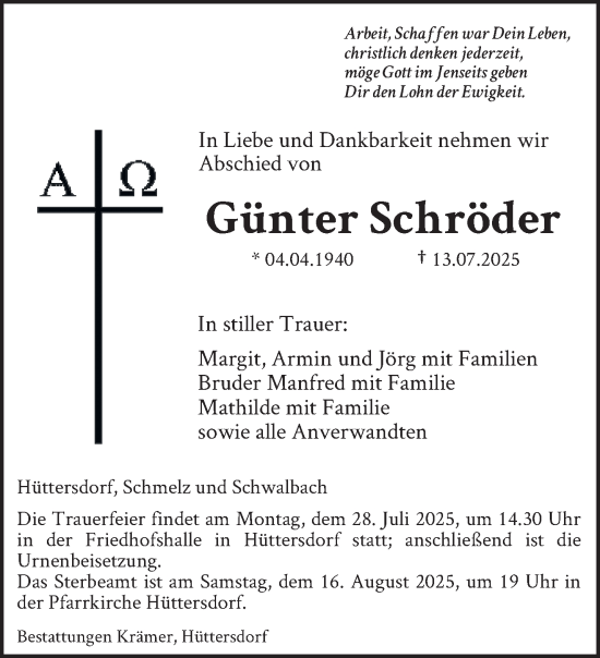 Traueranzeige von Günter Schröder von saarbruecker_zeitung