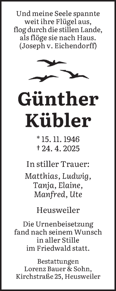  Traueranzeige für Günther Kübler vom 12.07.2025 aus saarbruecker_zeitung