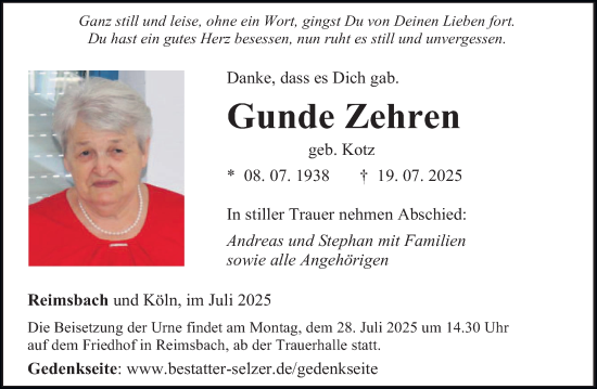 Traueranzeige von Gunde Zehren von saarbruecker_zeitung