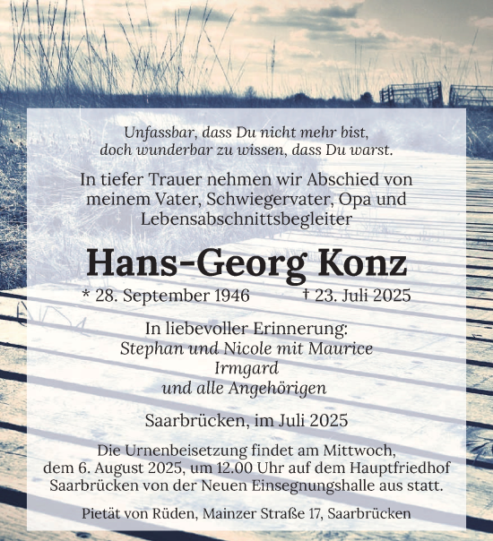 Traueranzeige von Hans-Georg Konz von saarbruecker_zeitung