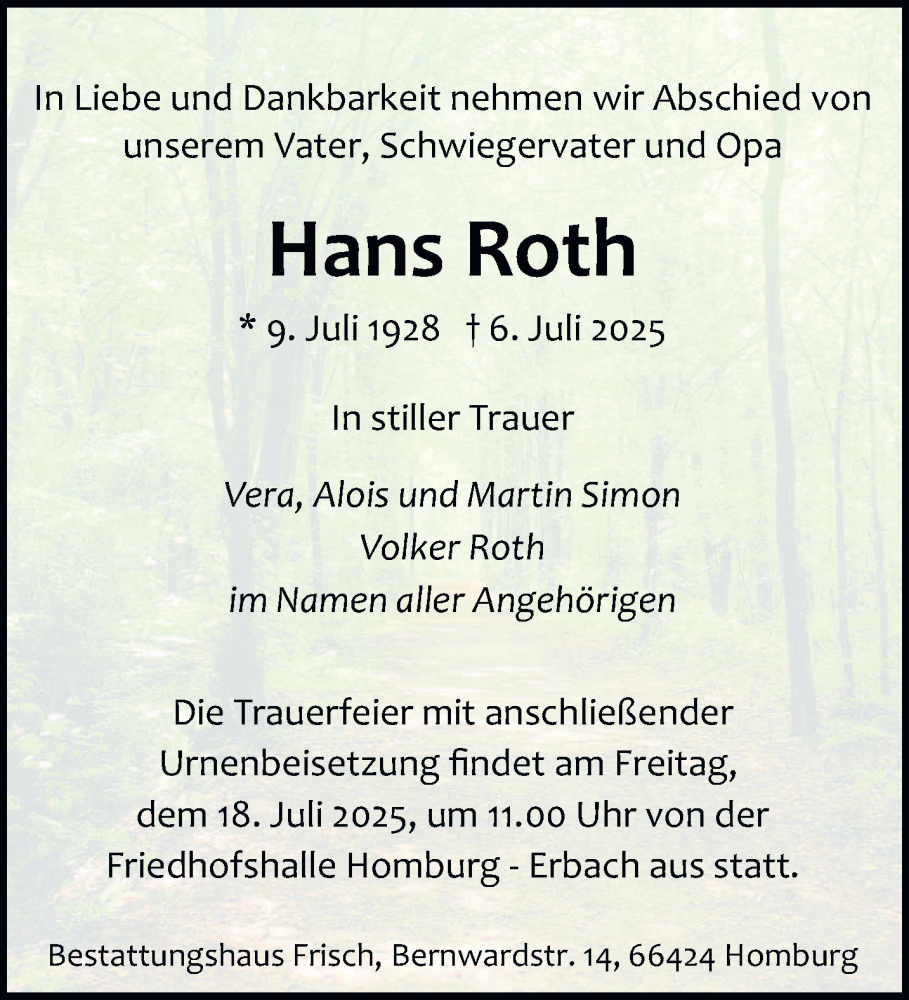  Traueranzeige für Hans Roth vom 12.07.2025 aus saarbruecker_zeitung