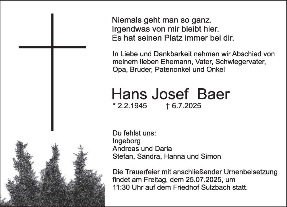  Traueranzeige für Hans Josef Baer vom 19.07.2025 aus saarbruecker_zeitung