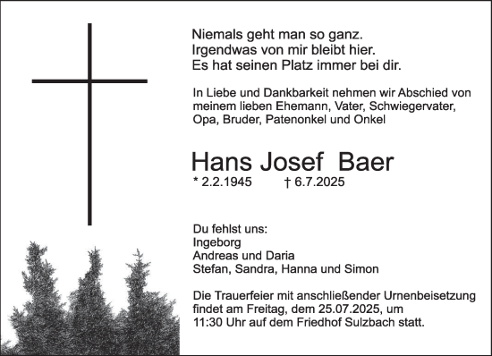 Traueranzeige von Hans Josef Baer von saarbruecker_zeitung