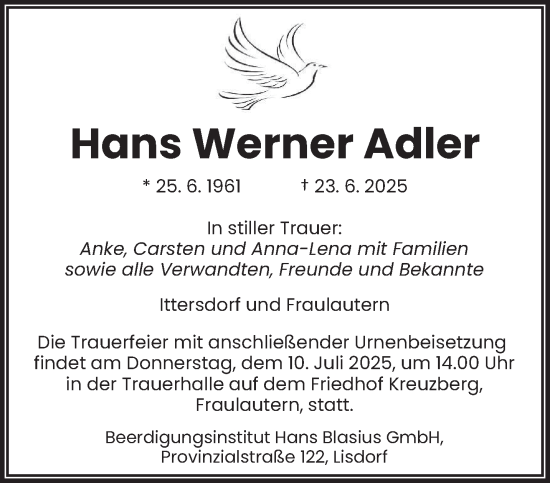 Traueranzeige von Hans Werner Adler von saarbruecker_zeitung