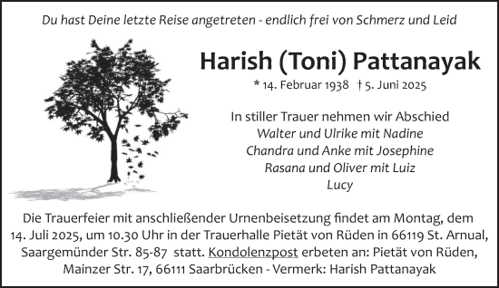 Traueranzeige von Harish Pattanayak von saarbruecker_zeitung