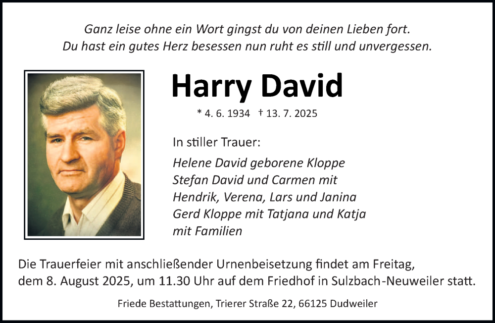  Traueranzeige für Harry David vom 26.07.2025 aus saarbruecker_zeitung