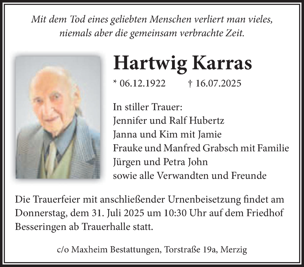  Traueranzeige für Hartwig Karras vom 23.07.2025 aus saarbruecker_zeitung