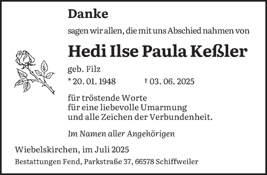 Traueranzeige von Hedi Ilse Paula Keßler von saarbruecker_zeitung