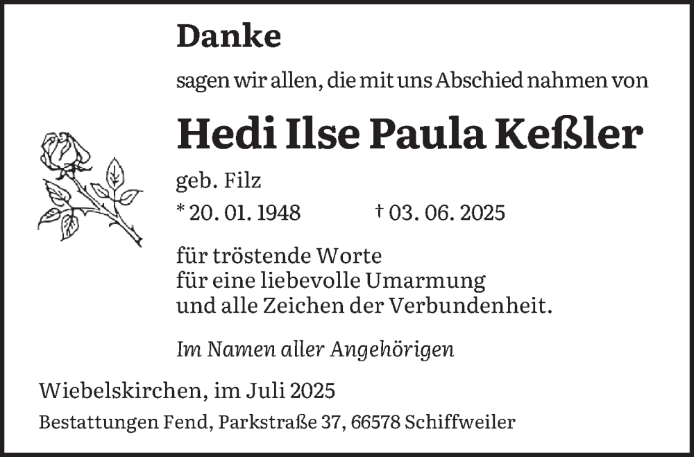  Traueranzeige für Hedi Ilse Paula Keßler vom 12.07.2025 aus saarbruecker_zeitung