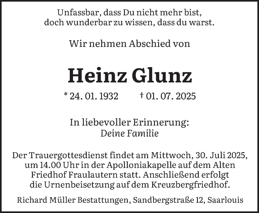  Traueranzeige für Heinz Glunz vom 26.07.2025 aus saarbruecker_zeitung