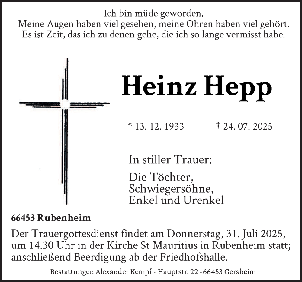  Traueranzeige für Heinz Hepp vom 26.07.2025 aus saarbruecker_zeitung