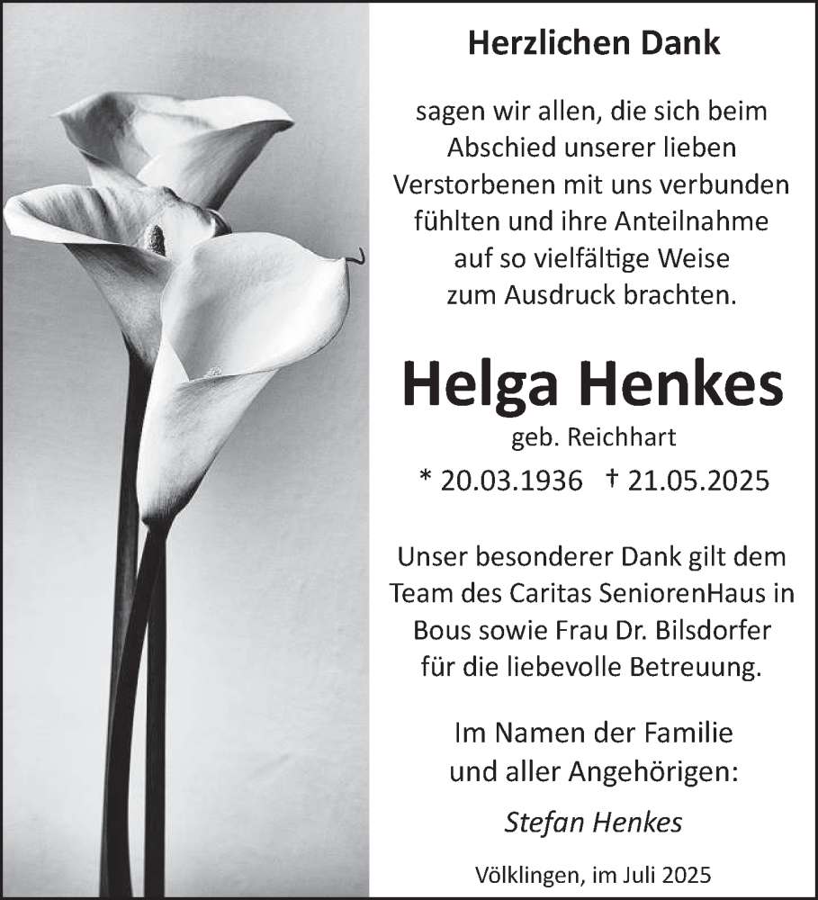  Traueranzeige für Helga Henkes vom 12.07.2025 aus saarbruecker_zeitung