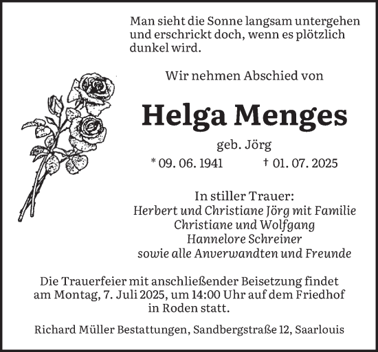 Traueranzeige von Helga Menges von saarbruecker_zeitung