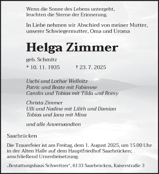 Traueranzeige von Helga Zimmer von saarbruecker_zeitung