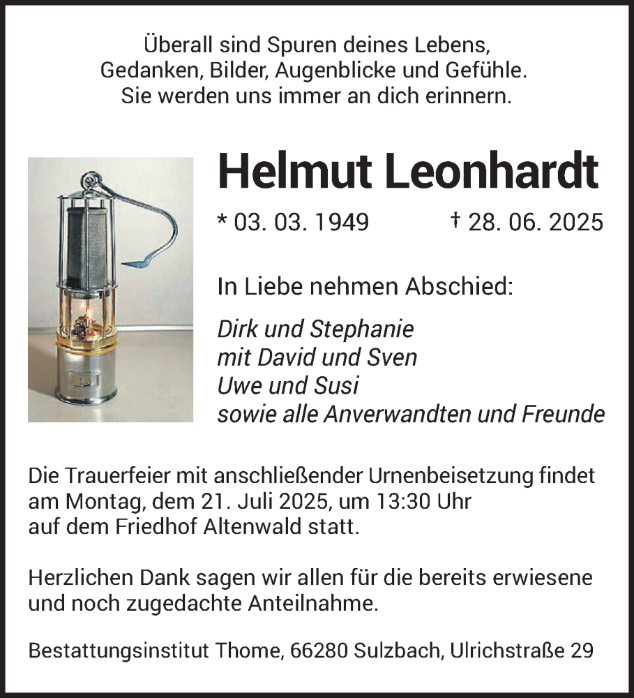  Traueranzeige für Helmut Leonhardt vom 05.07.2025 aus saarbruecker_zeitung