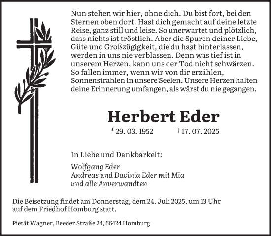 Traueranzeige von Herbert Eder von saarbruecker_zeitung