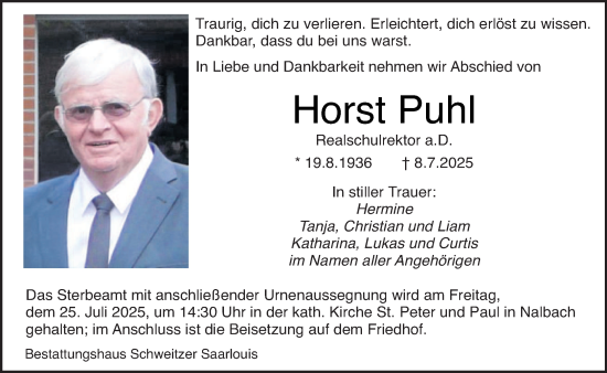 Traueranzeige von Horst Puhl von saarbruecker_zeitung