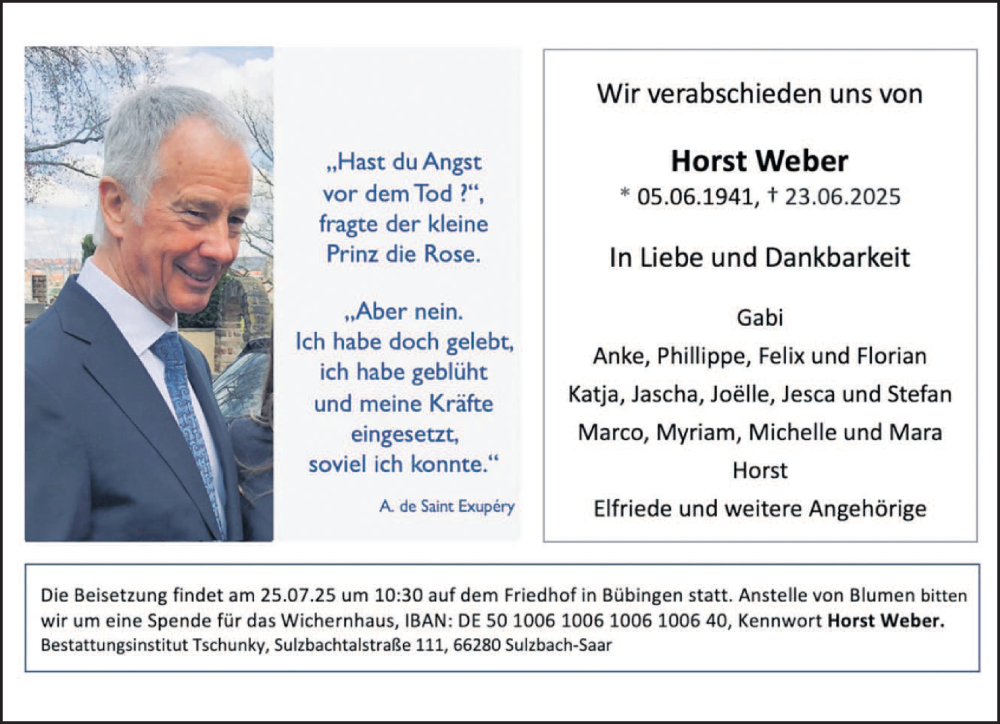  Traueranzeige für Horst Weber vom 19.07.2025 aus saarbruecker_zeitung