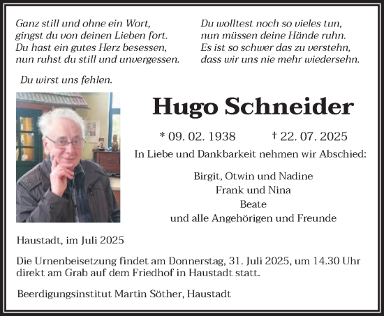 Traueranzeige von Hugo Schneider von saarbruecker_zeitung