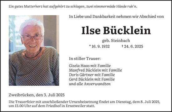 Traueranzeige von Ilse Bücklein von saarbruecker_zeitung