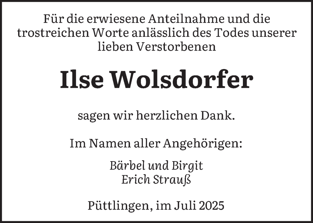  Traueranzeige für Ilse Wolsdorfer vom 19.07.2025 aus saarbruecker_zeitung