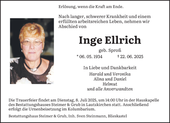 Traueranzeige von Inge Ellrich von saarbruecker_zeitung