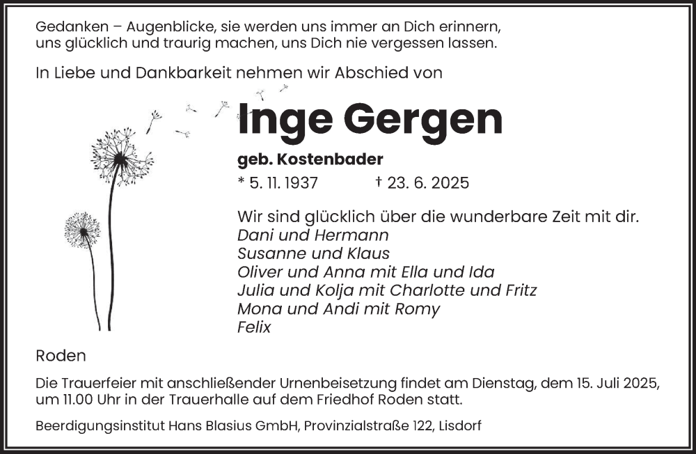  Traueranzeige für Inge Gergen vom 05.07.2025 aus saarbruecker_zeitung