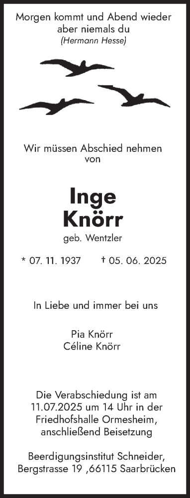  Traueranzeige für Inge Knörr vom 05.07.2025 aus saarbruecker_zeitung