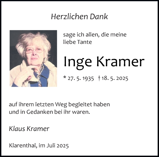 Traueranzeige von Inge Kramer von saarbruecker_zeitung