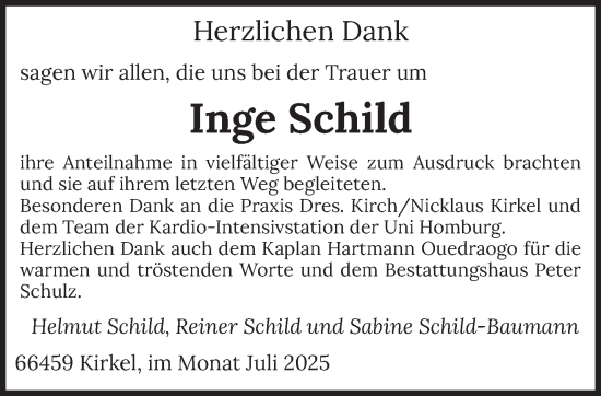 Traueranzeige von Inge Schild von saarbruecker_zeitung