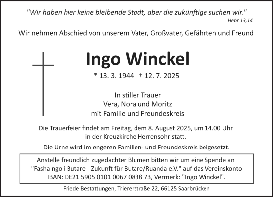 Traueranzeige von Ingo Winckel von saarbruecker_zeitung