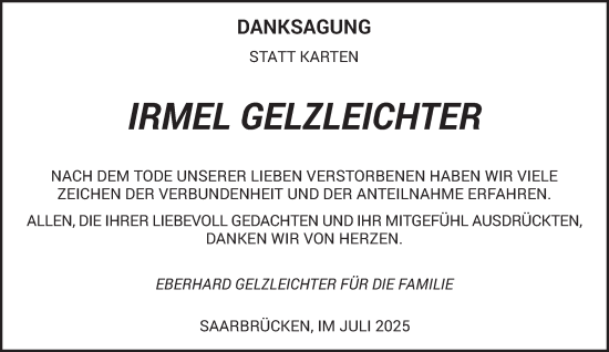 Traueranzeige von Irmel Gelzleichter von saarbruecker_zeitung