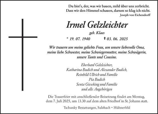 Traueranzeige von Irmel Gelzleichter von saarbruecker_zeitung