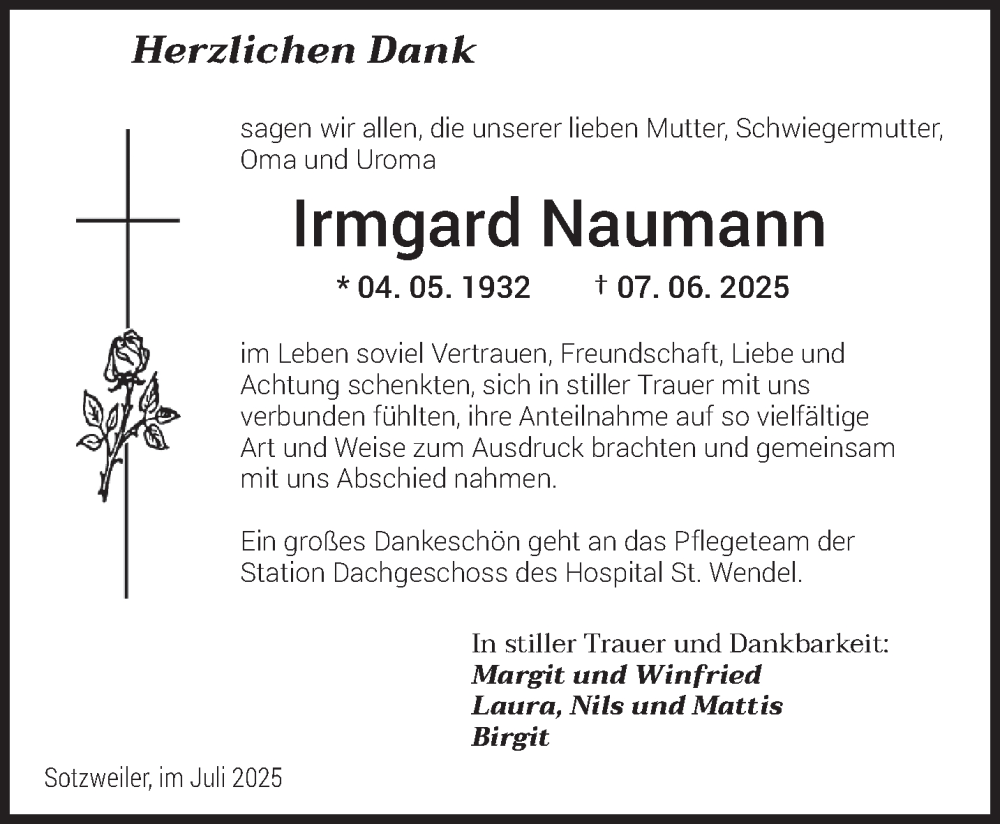  Traueranzeige für Irmgard Naumann vom 05.07.2025 aus saarbruecker_zeitung