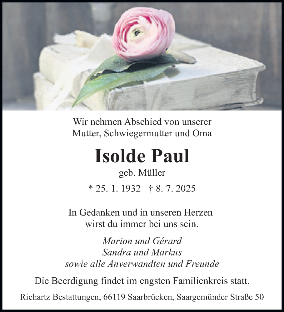  Traueranzeige für Isolde Paul vom 12.07.2025 aus saarbruecker_zeitung