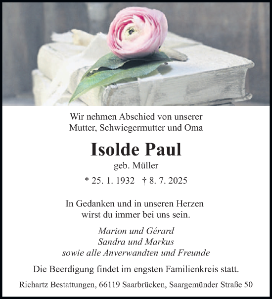 Traueranzeige von Isolde Paul von saarbruecker_zeitung