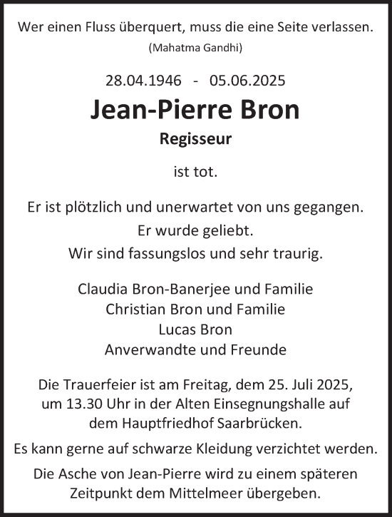 Traueranzeige von Jean-Pierre Bron von saarbruecker_zeitung