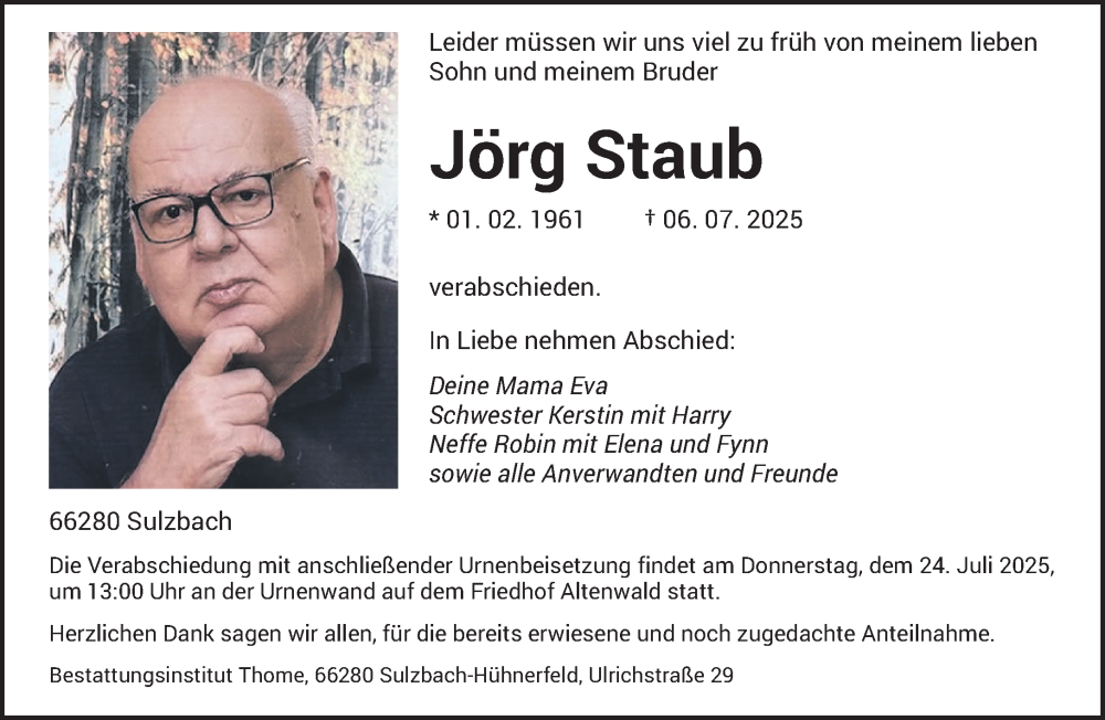  Traueranzeige für Jörg Staub vom 19.07.2025 aus saarbruecker_zeitung