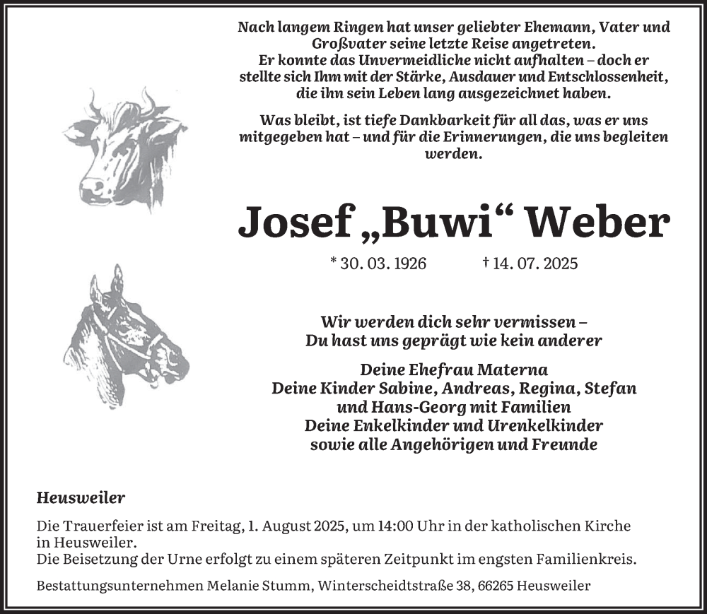  Traueranzeige für Josef Weber vom 26.07.2025 aus saarbruecker_zeitung
