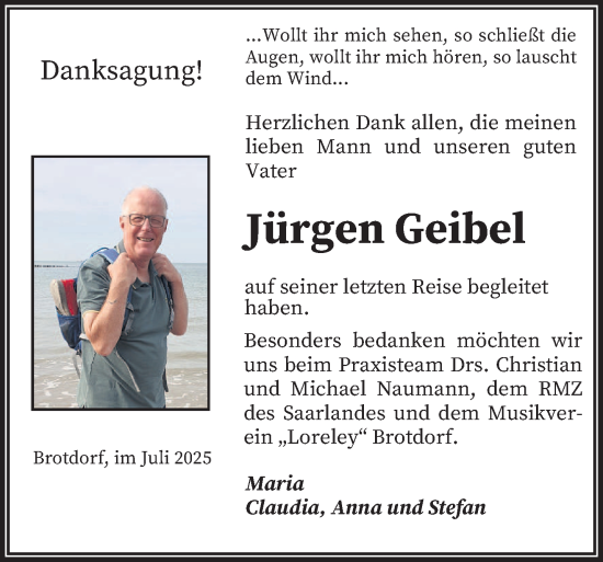 Traueranzeige von Jürgen Geibel von saarbruecker_zeitung