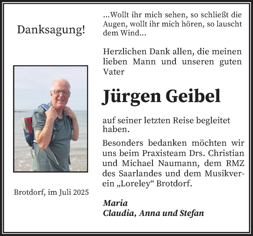  Traueranzeige für Jürgen Geibel vom 26.07.2025 aus saarbruecker_zeitung