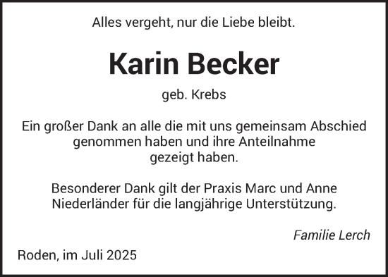 Traueranzeige von Karin Becker von saarbruecker_zeitung