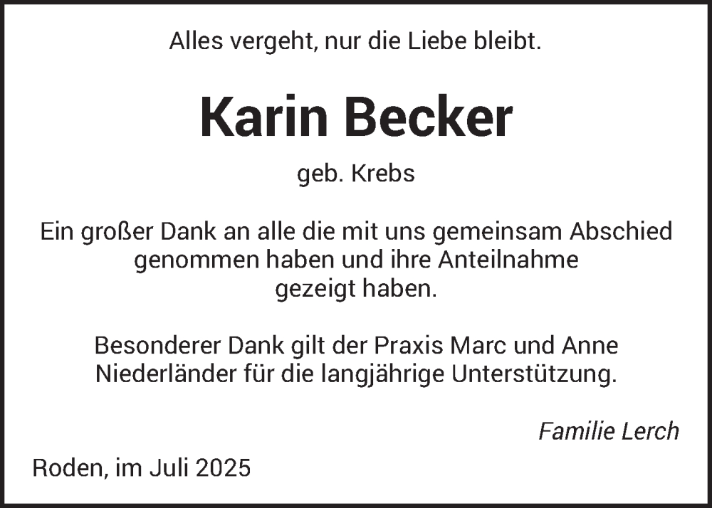  Traueranzeige für Karin Becker vom 19.07.2025 aus saarbruecker_zeitung