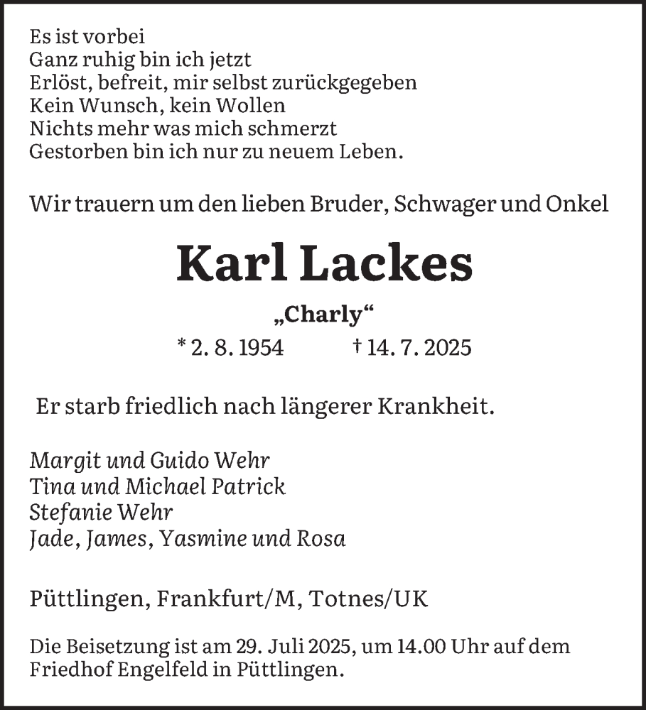  Traueranzeige für Karl Lackes vom 26.07.2025 aus saarbruecker_zeitung