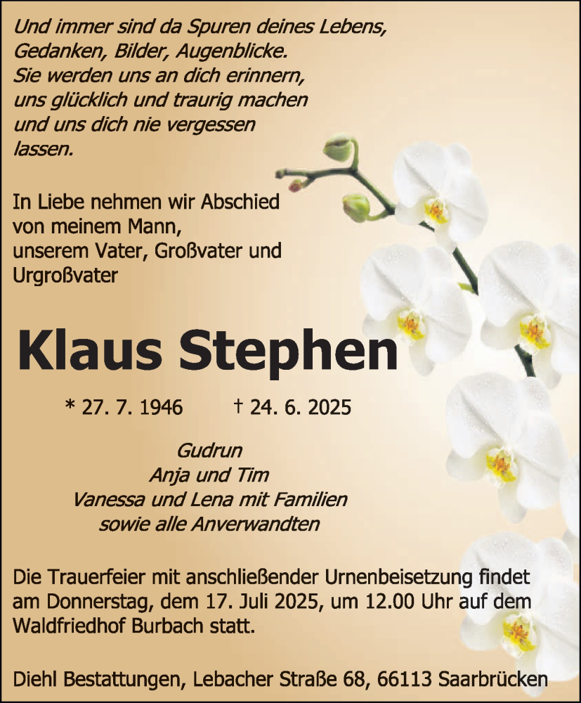  Traueranzeige für Klaus Stephen vom 05.07.2025 aus saarbruecker_zeitung