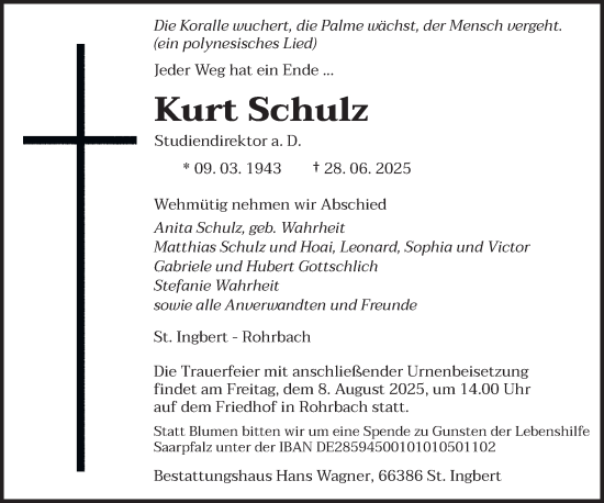 Traueranzeige von Kurt Schulz von saarbruecker_zeitung