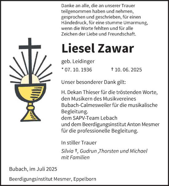 Traueranzeige von Liesel Zawar von saarbruecker_zeitung