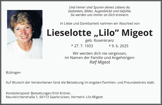 Traueranzeige von Lieselotte Migeot von saarbruecker_zeitung
