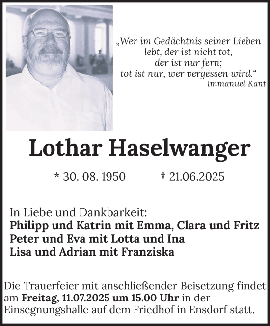 Traueranzeige von Lothar Haselwanger von saarbruecker_zeitung